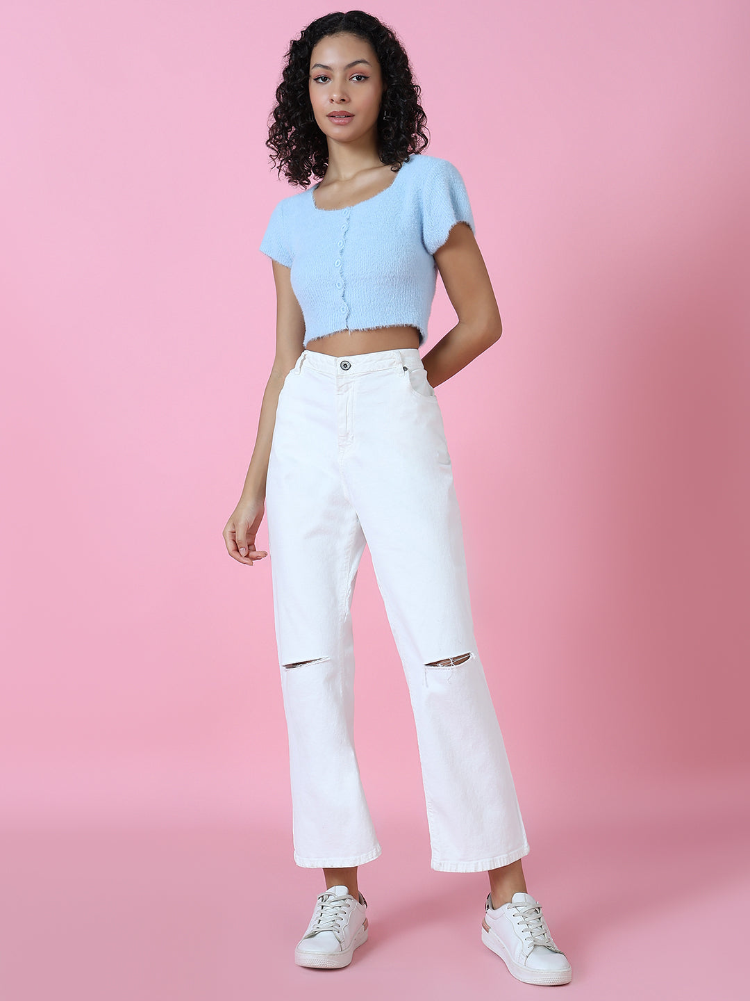 Women Blue Solid Crop Top