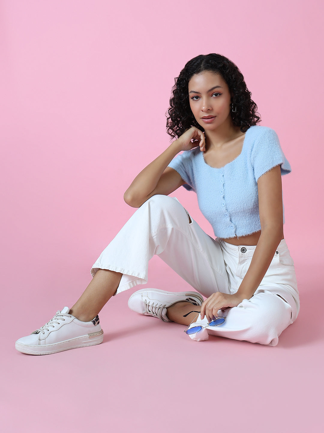 Women Blue Solid Crop Top