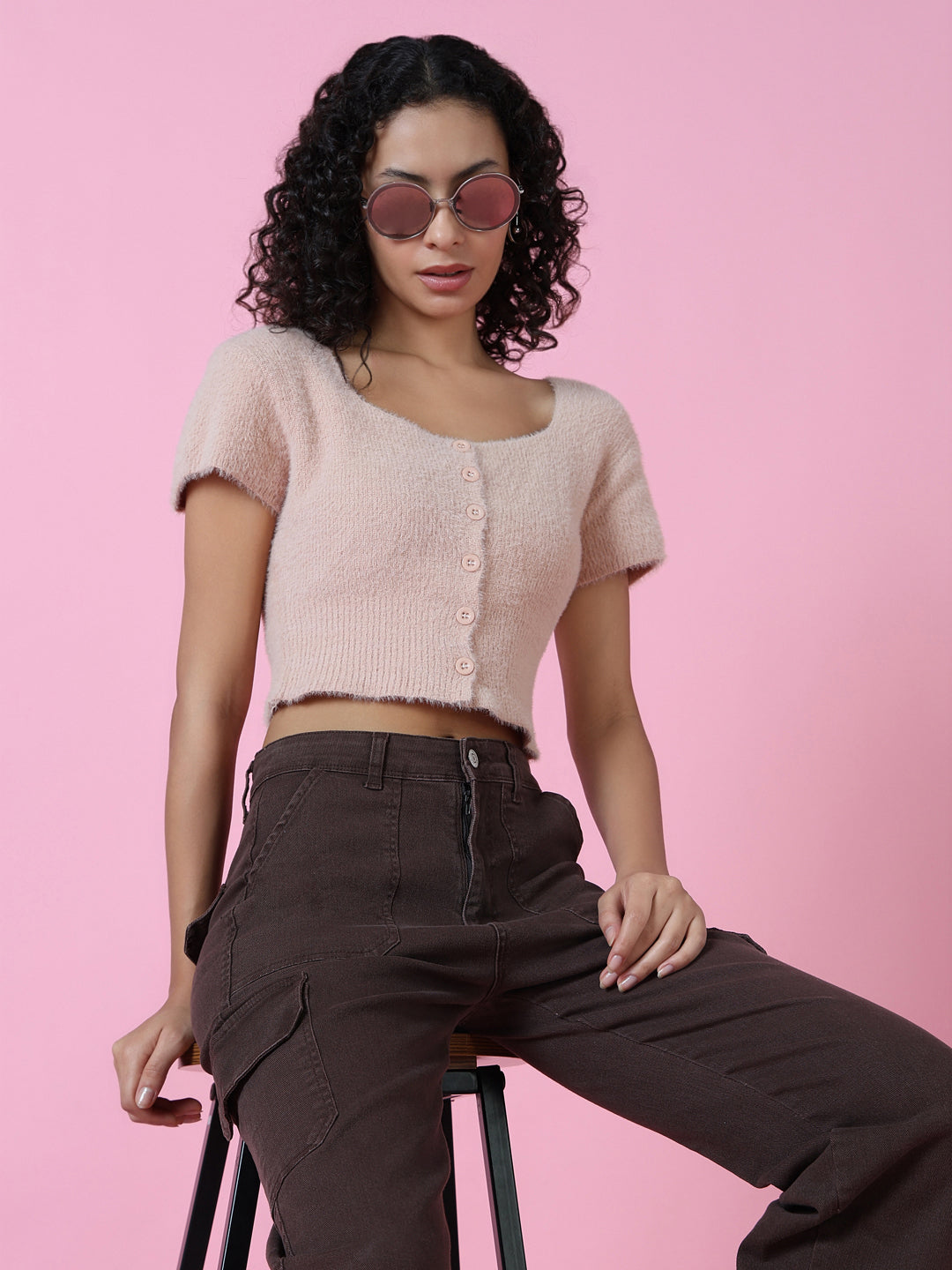 Women Peach Solid Crop Top