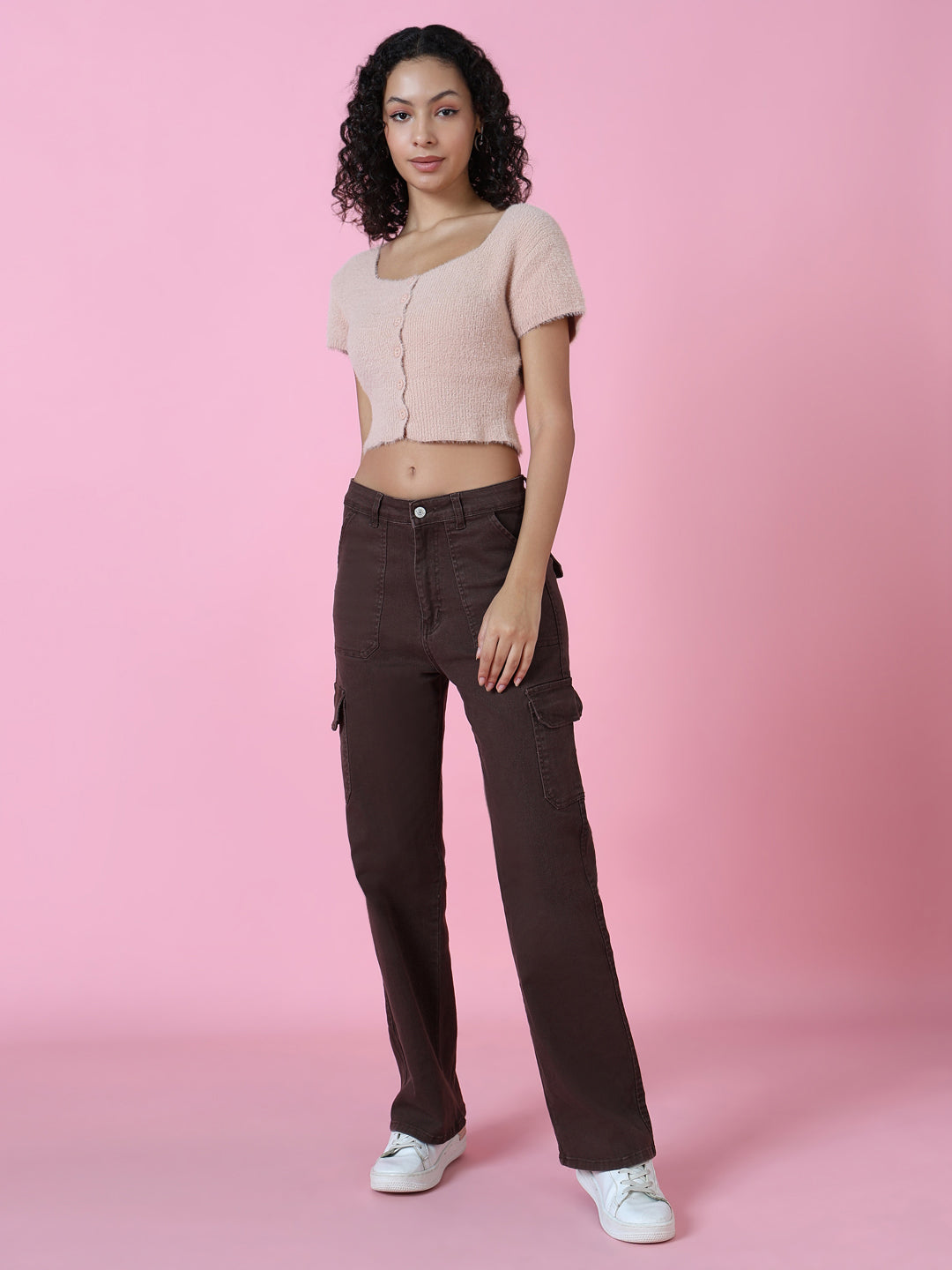 Women Peach Solid Crop Top