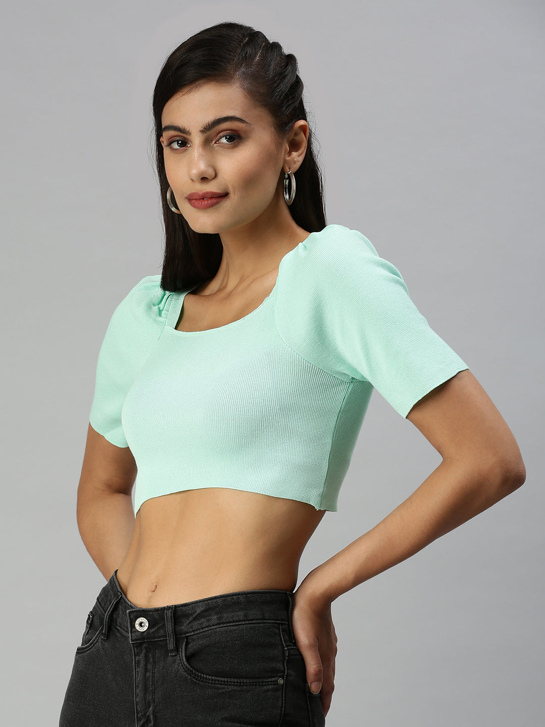 Women Square Neck Solid Sea Green Fitted Top