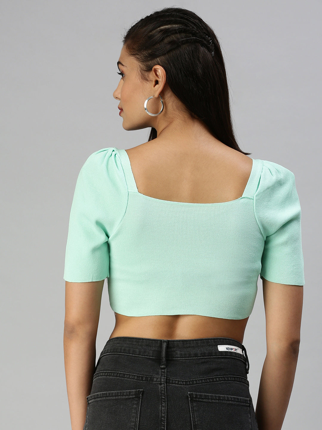 Women Square Neck Solid Sea Green Fitted Top