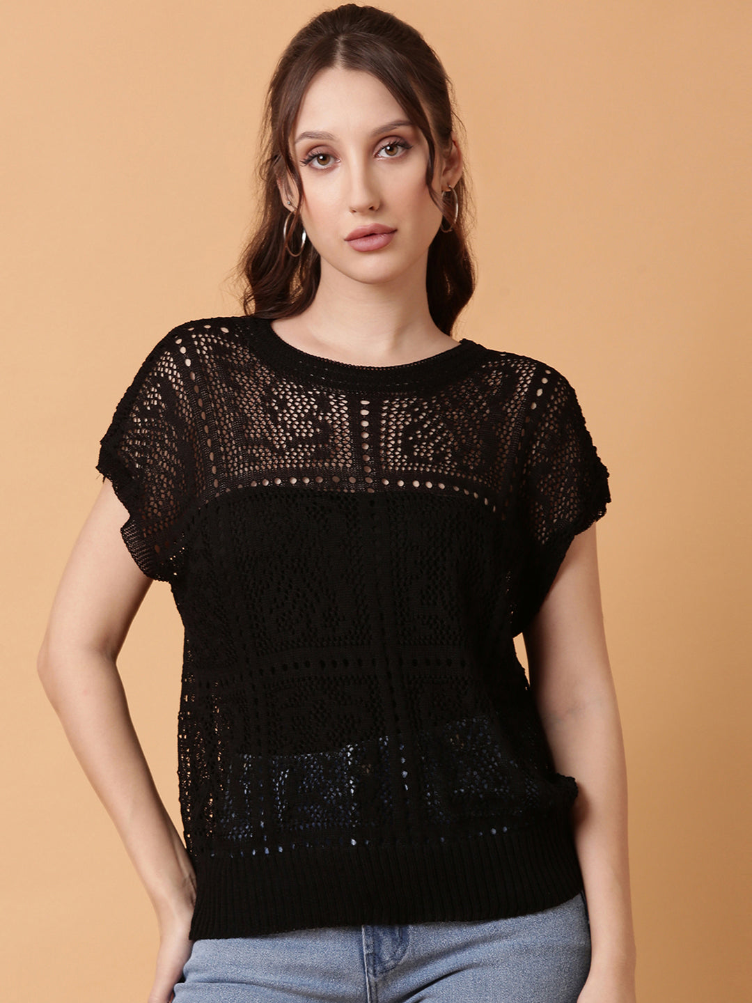 Women Black Solid Crochet Top