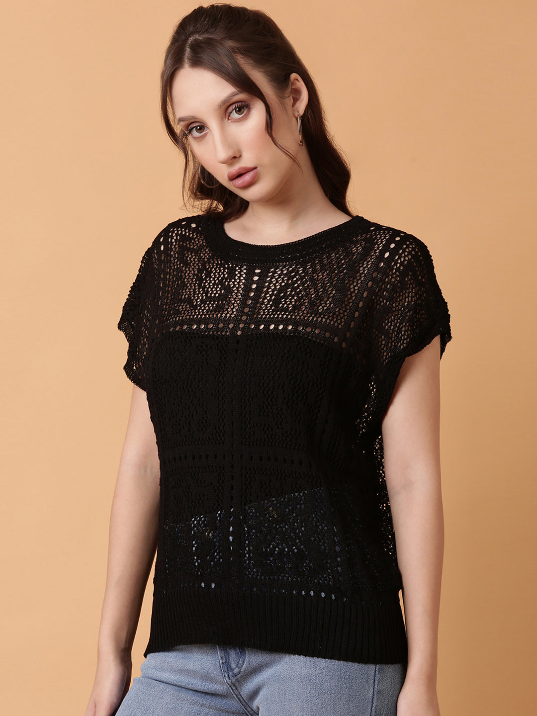 Women Black Solid Crochet Top