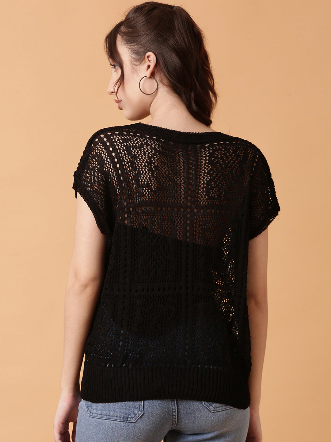 Women Black Solid Crochet Top