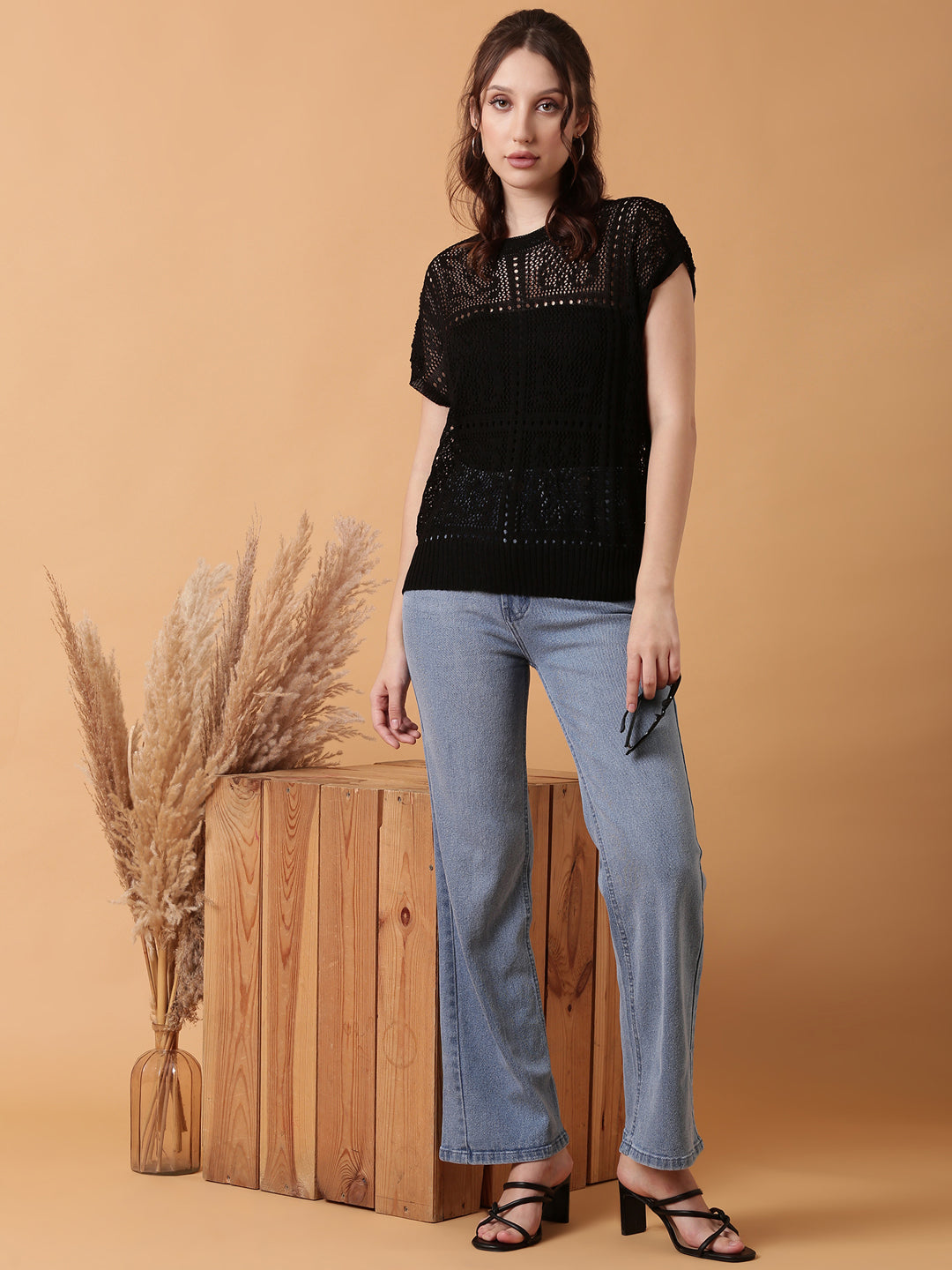 Women Black Solid Crochet Top