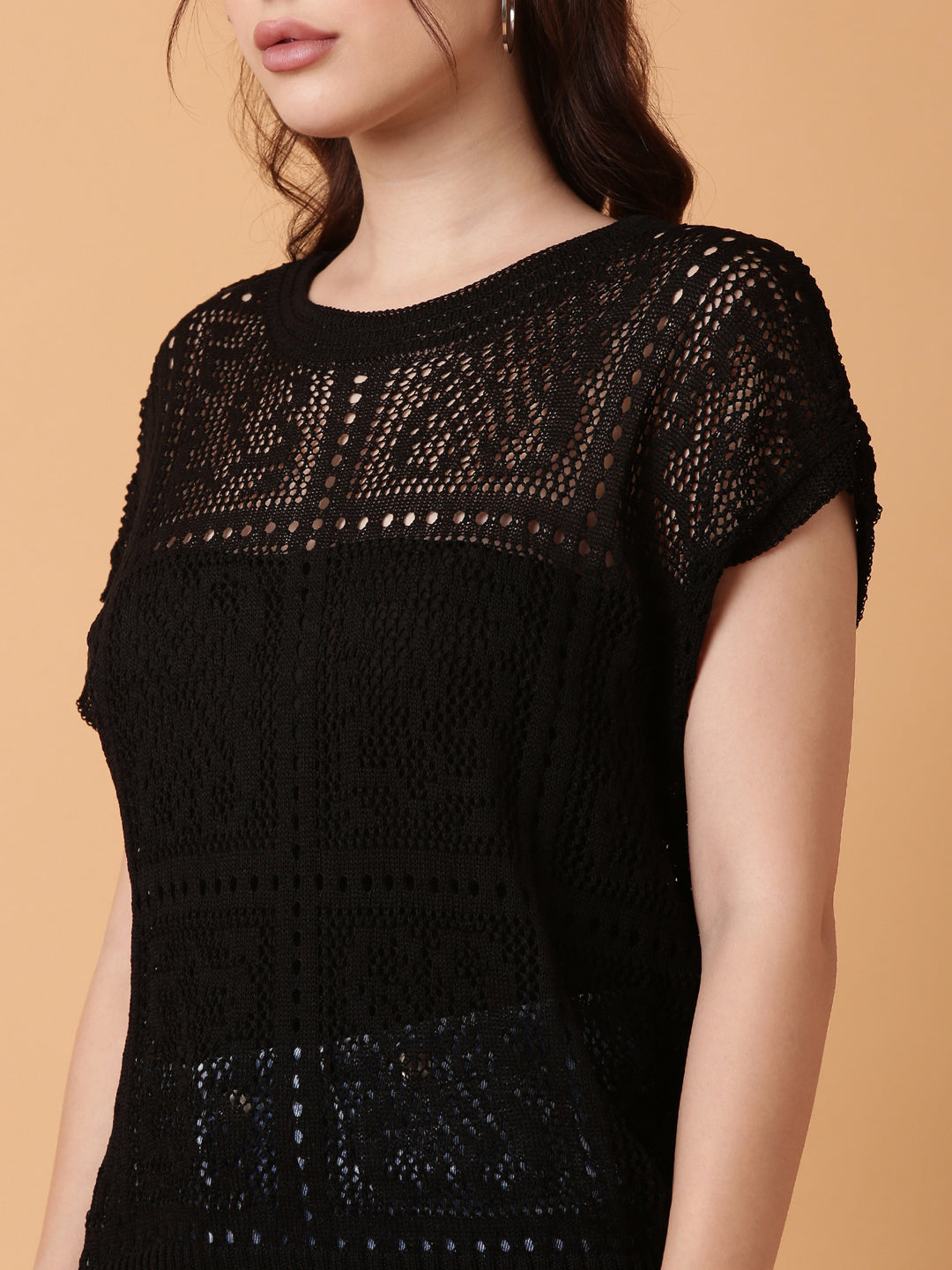 Women Black Solid Crochet Top