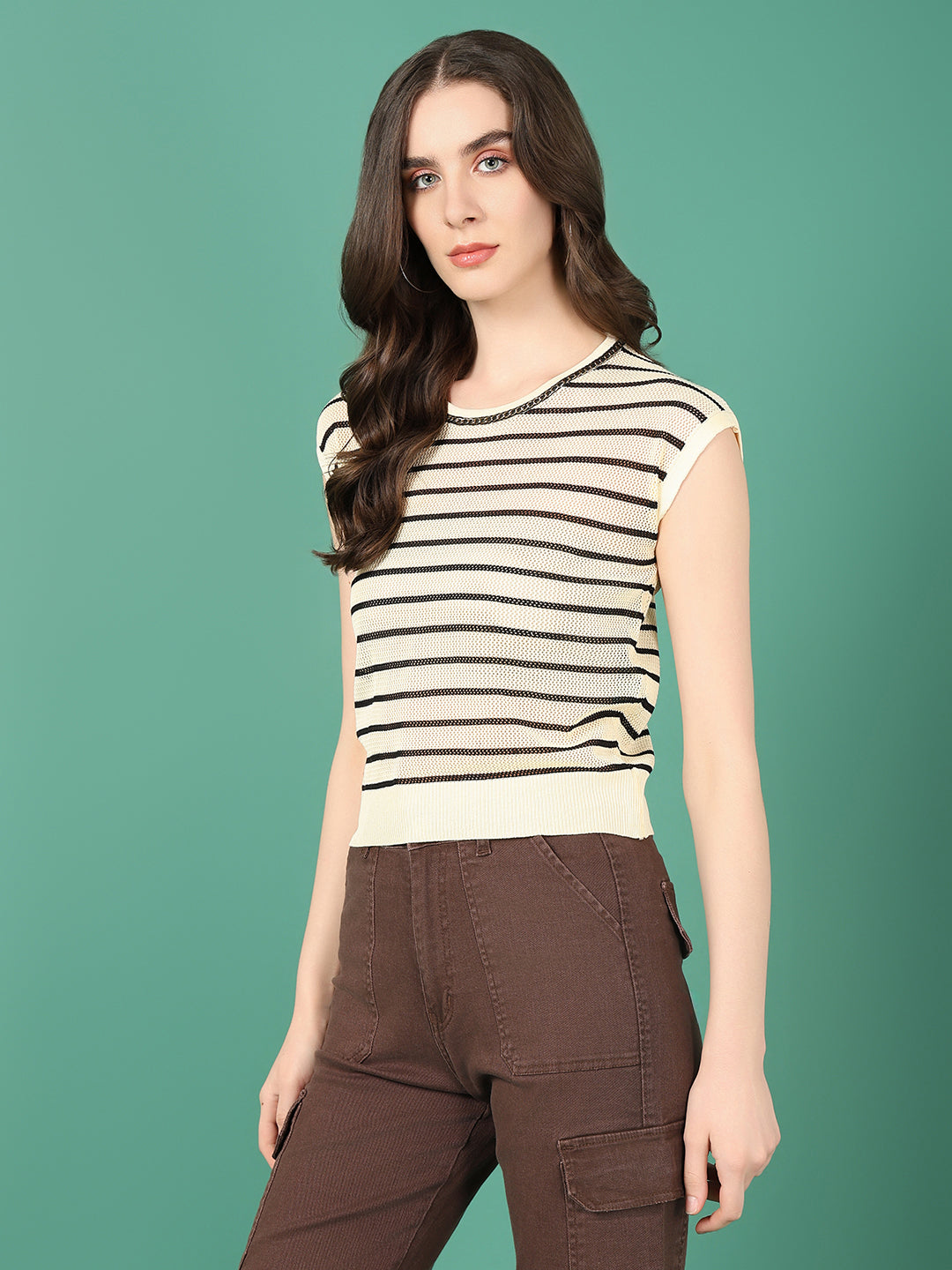 Women Beige Striped Crochet Top