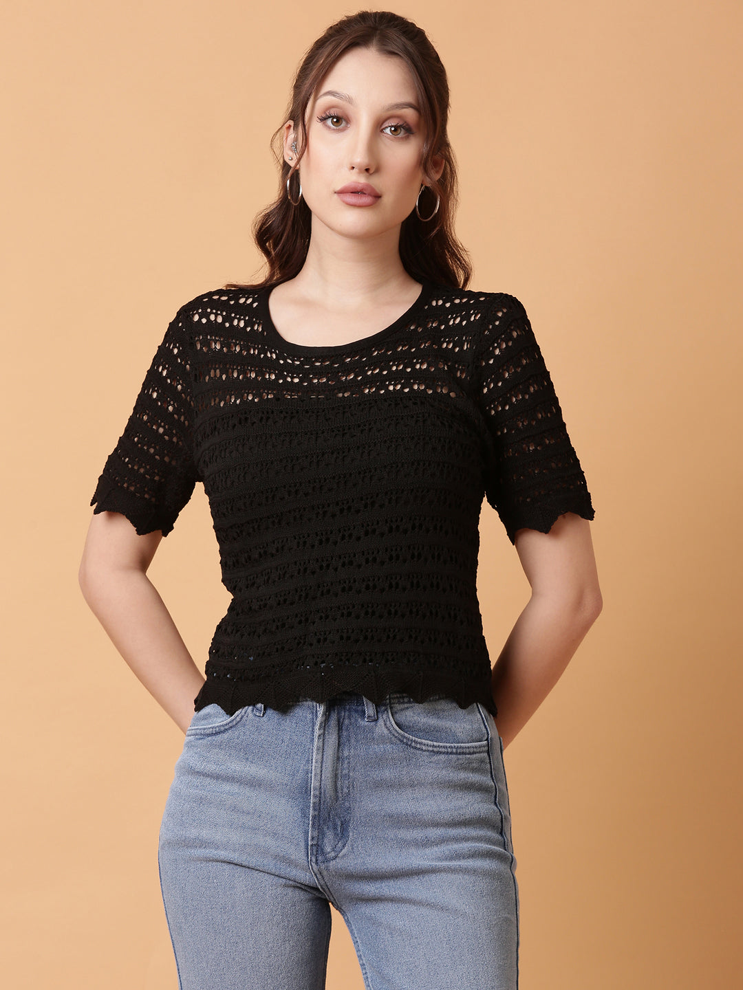 Women Black Solid Crochet Top