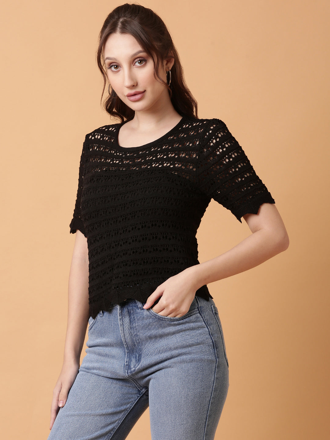 Women Black Solid Crochet Top