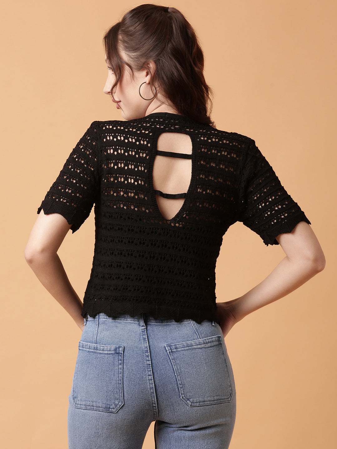 Women Black Solid Crochet Top