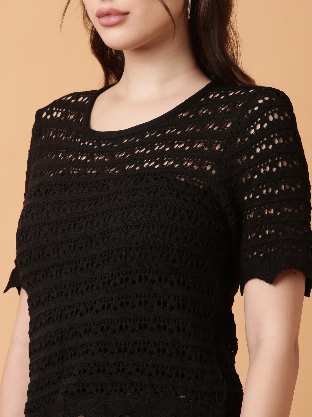 Women Black Solid Crochet Top