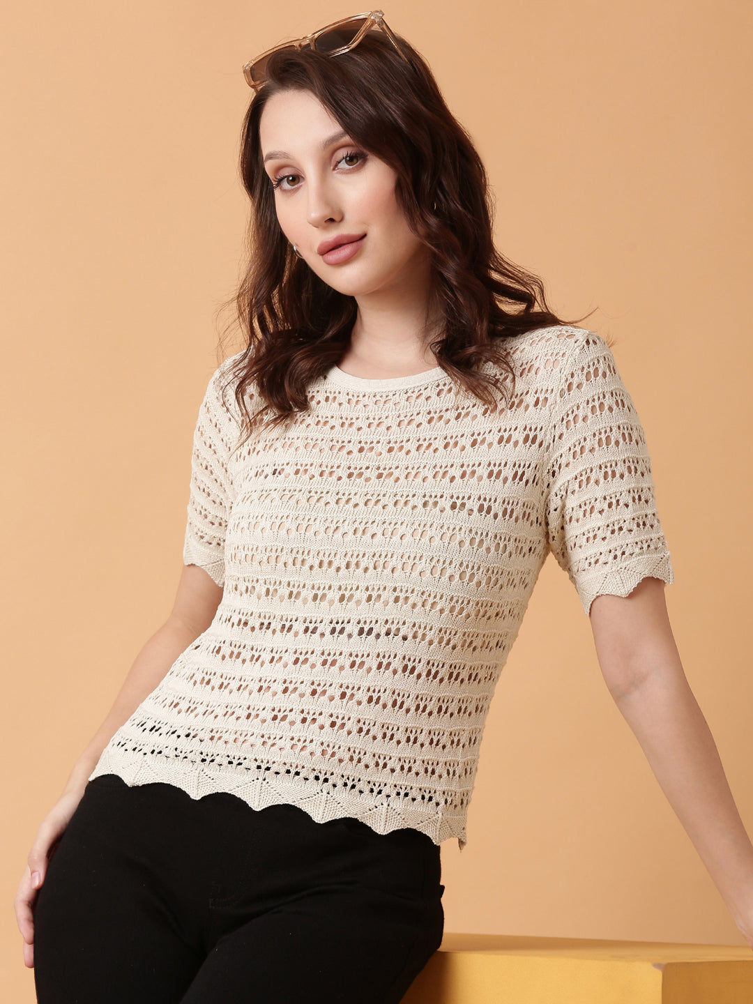 Women Cream Solid Crochet Top