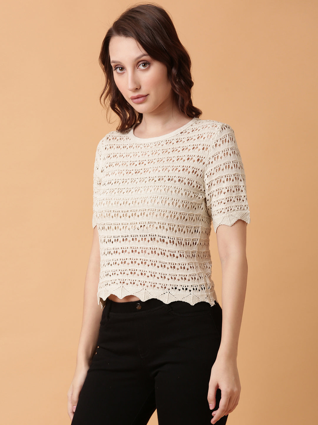 Women Cream Solid Crochet Top