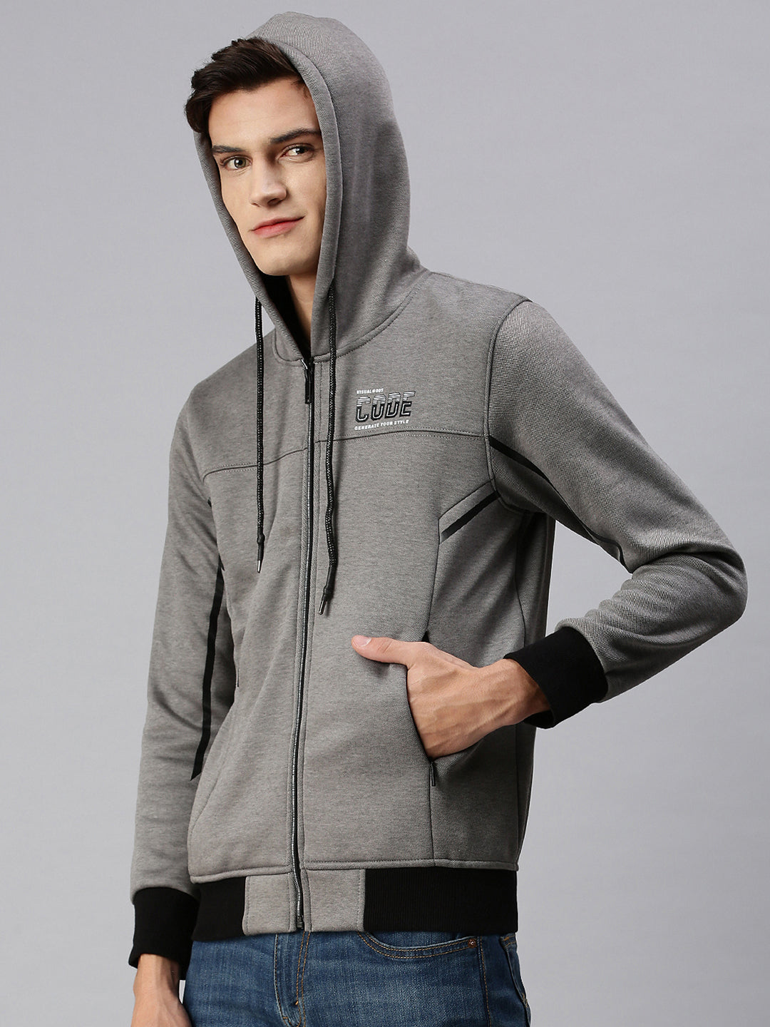 Men Hooded Solid Grey Sweatshirt