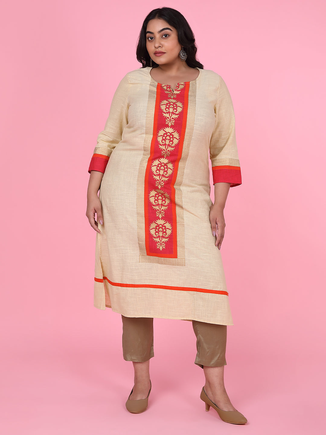 Women Cream Floral Straight Kurta