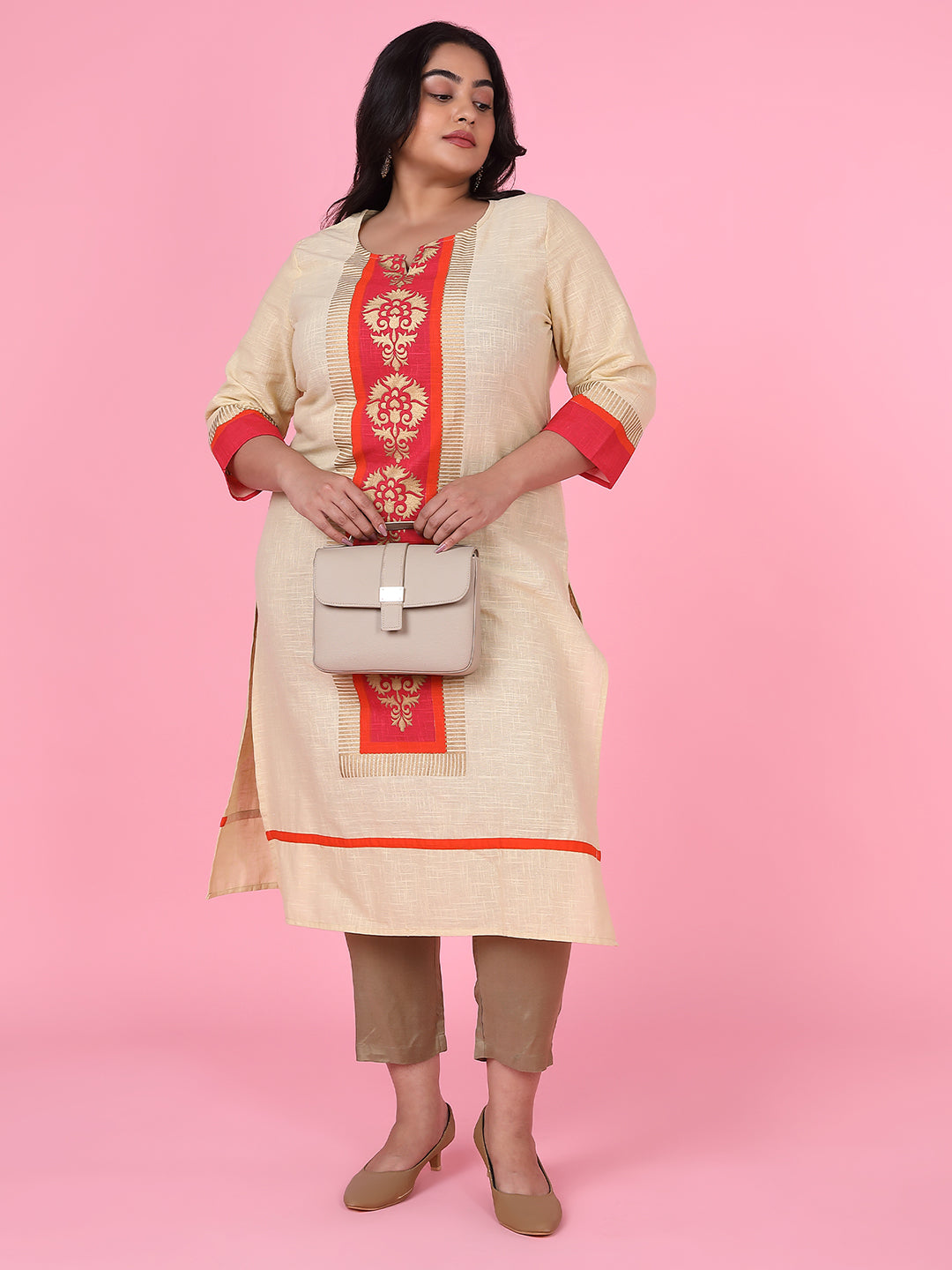 Women Cream Floral Straight Kurta