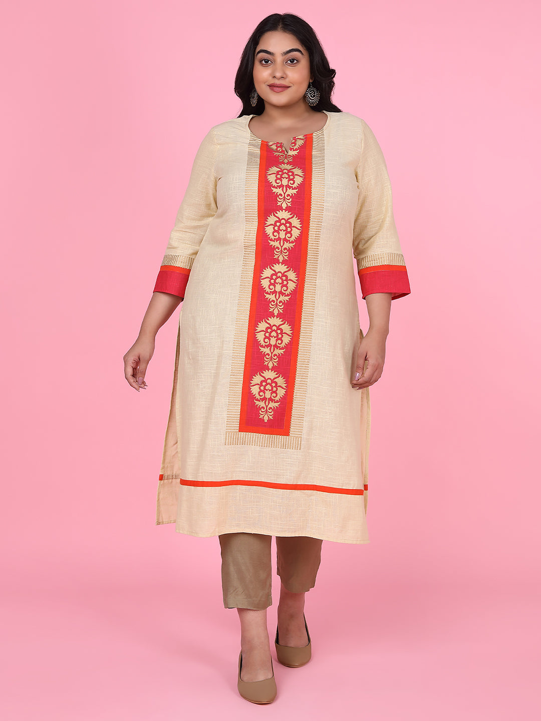 Women Cream Floral Straight Kurta