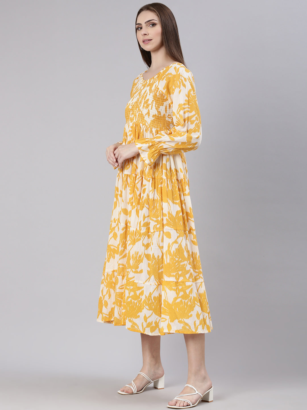 Women Mustard Floral Empire Dress