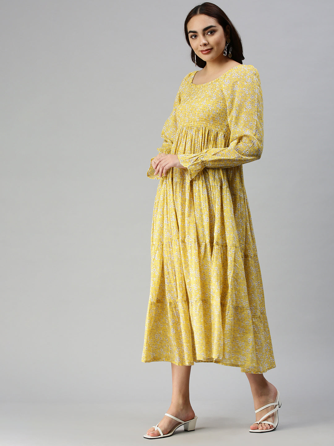 Women Printed Fit and Flare Yellow Dress