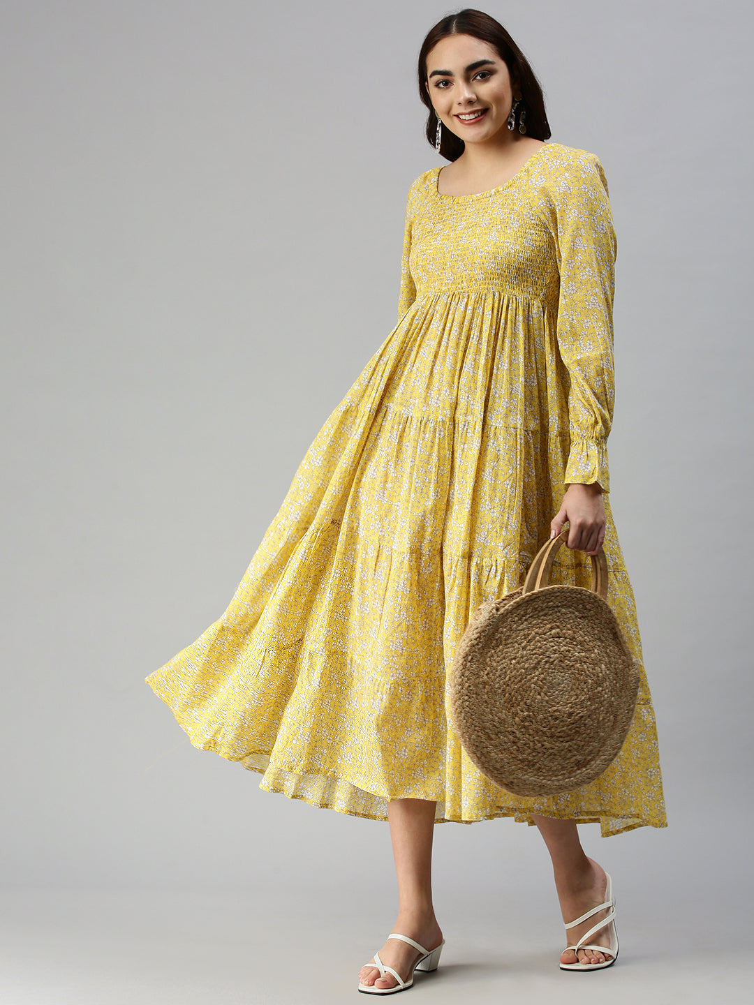Women Printed Fit and Flare Yellow Dress
