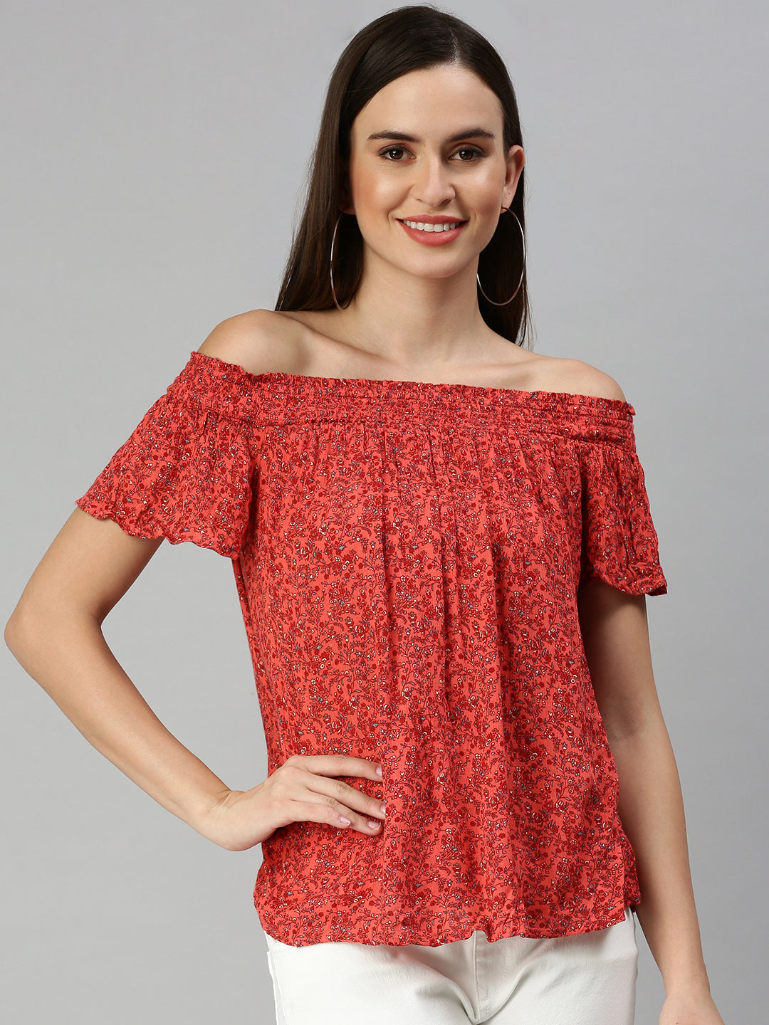Women Off-Shoulder Printed Red A-Line Top