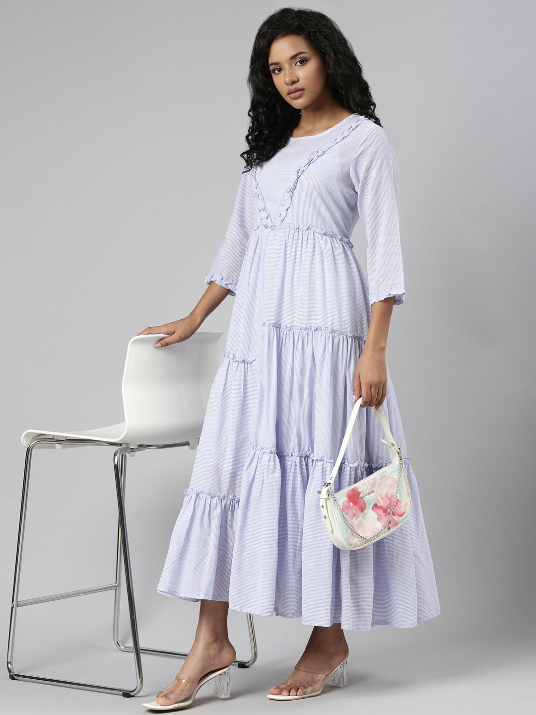 Women Lavender Striped Fit and Flare Dress