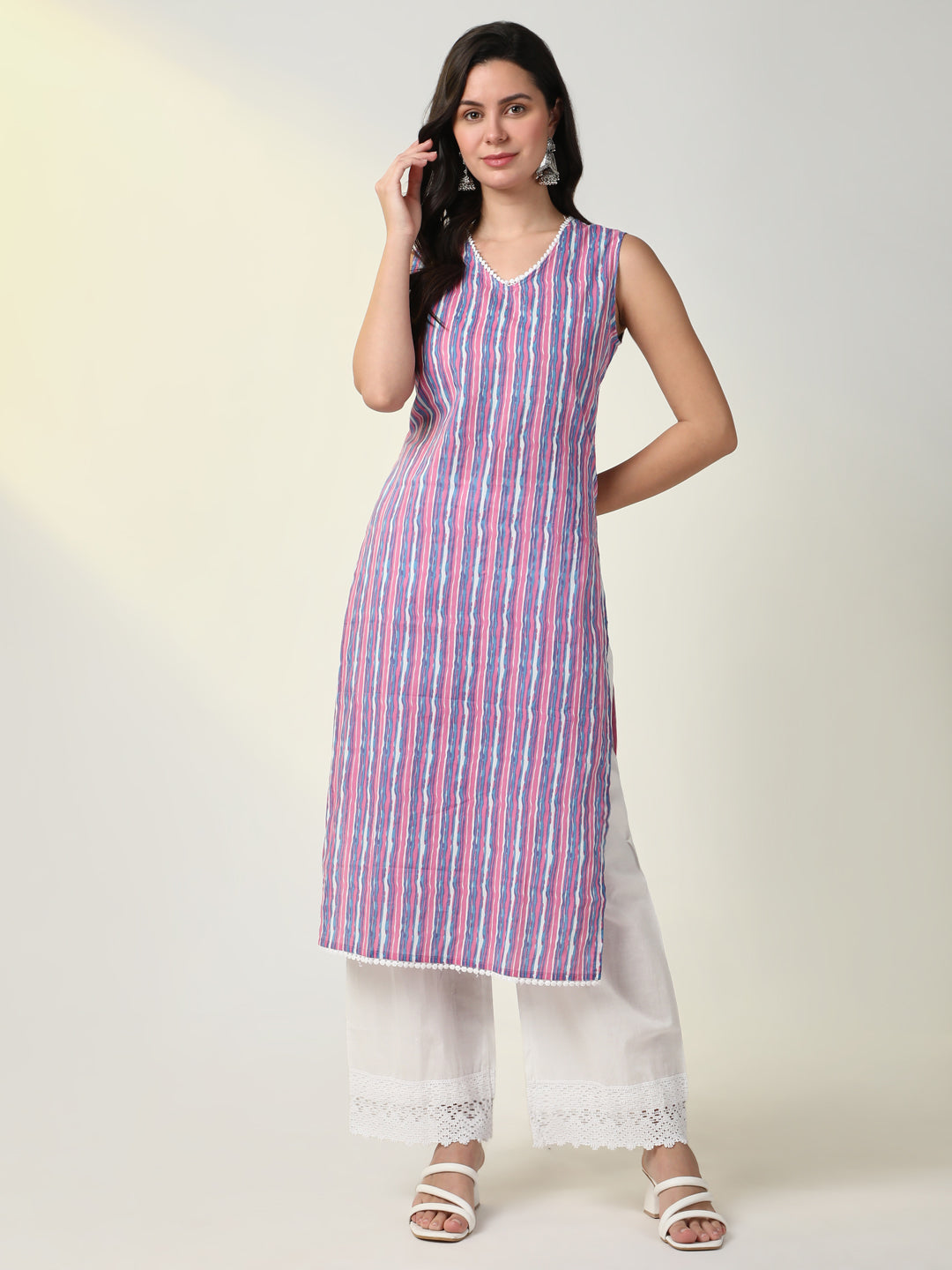 Women Purple Striped Straight Kurta Set