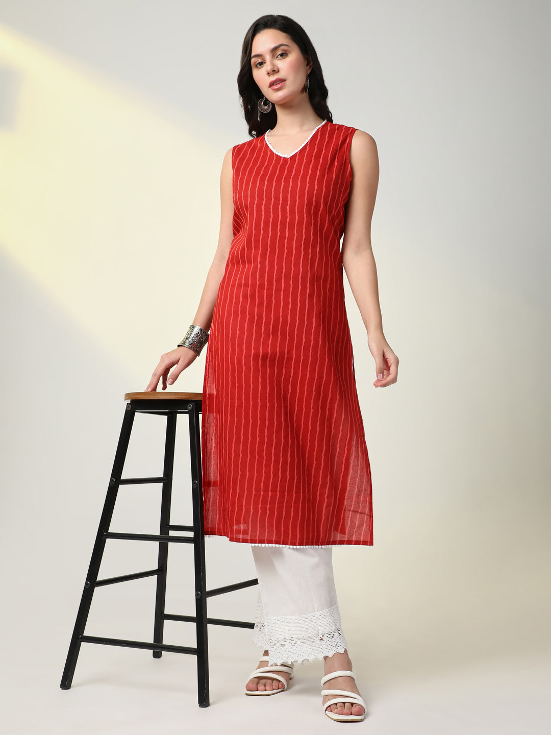 Women Red Striped Straight Kurta Set