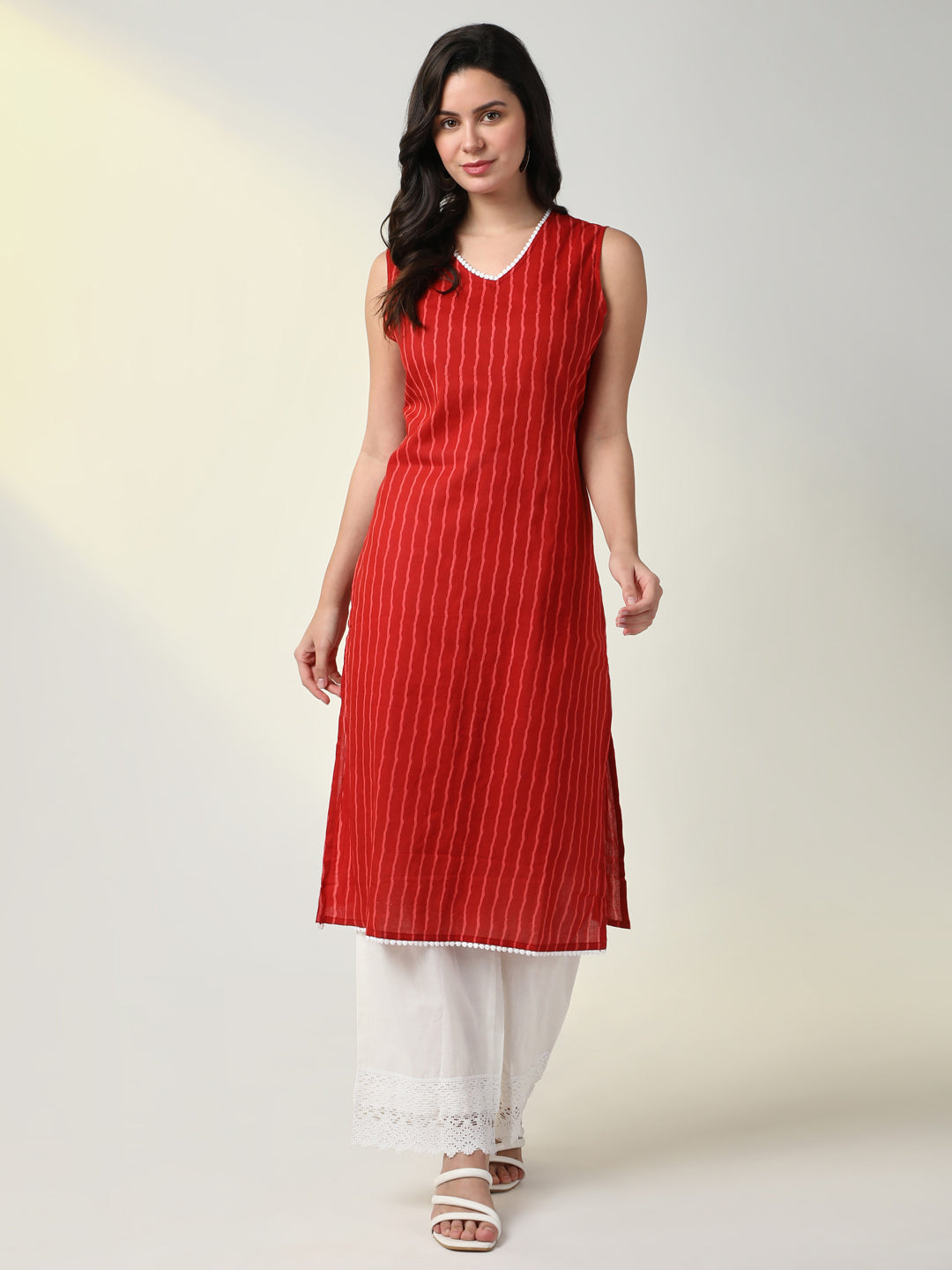 Women Red Striped Straight Kurta Set