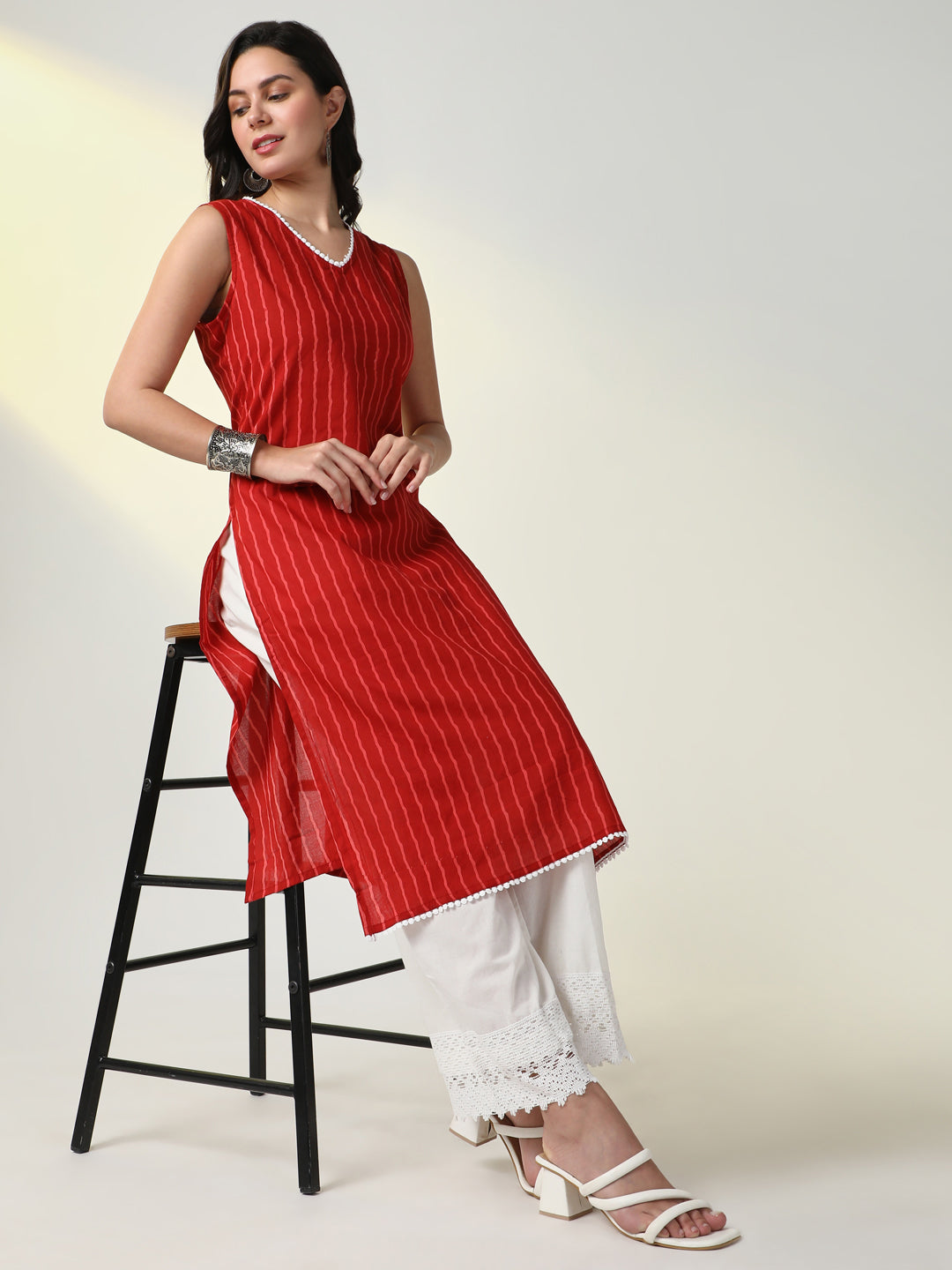 Women Red Striped Straight Kurta Set