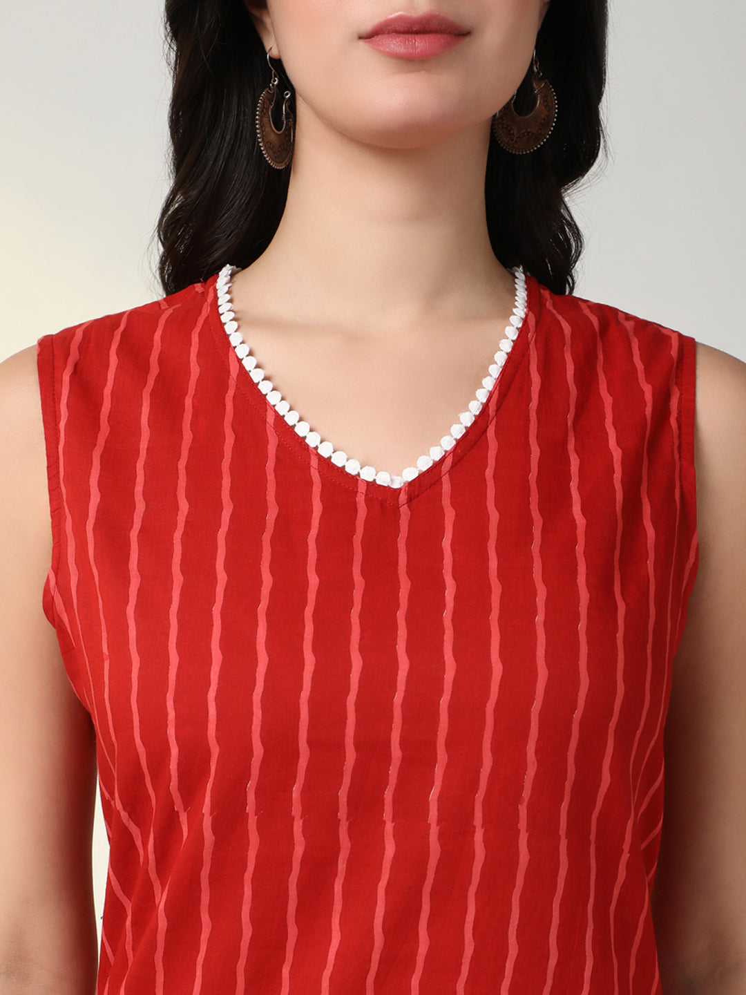 Women Red Striped Straight Kurta Set