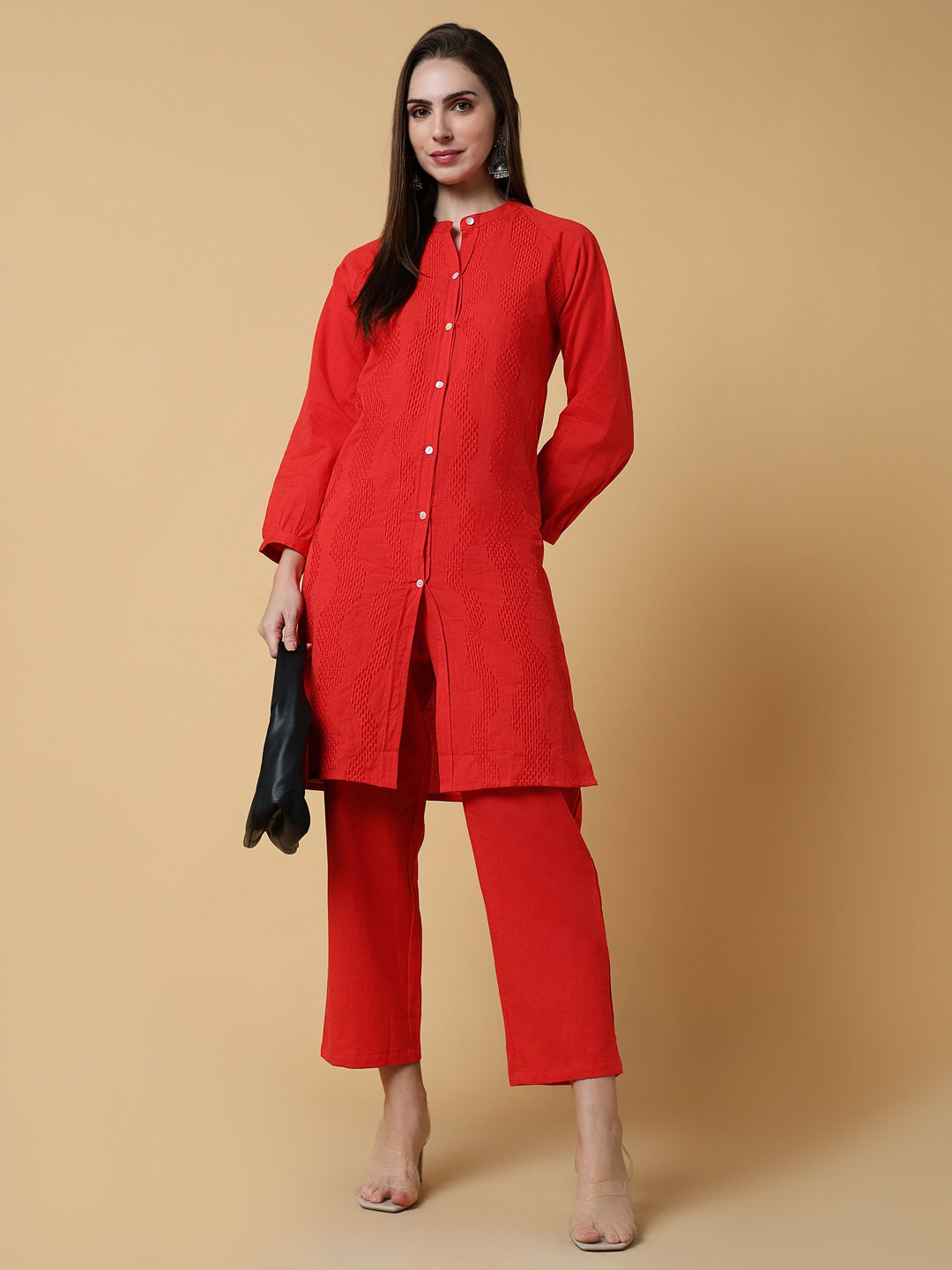 Women Solid Red Straight Kurta Set