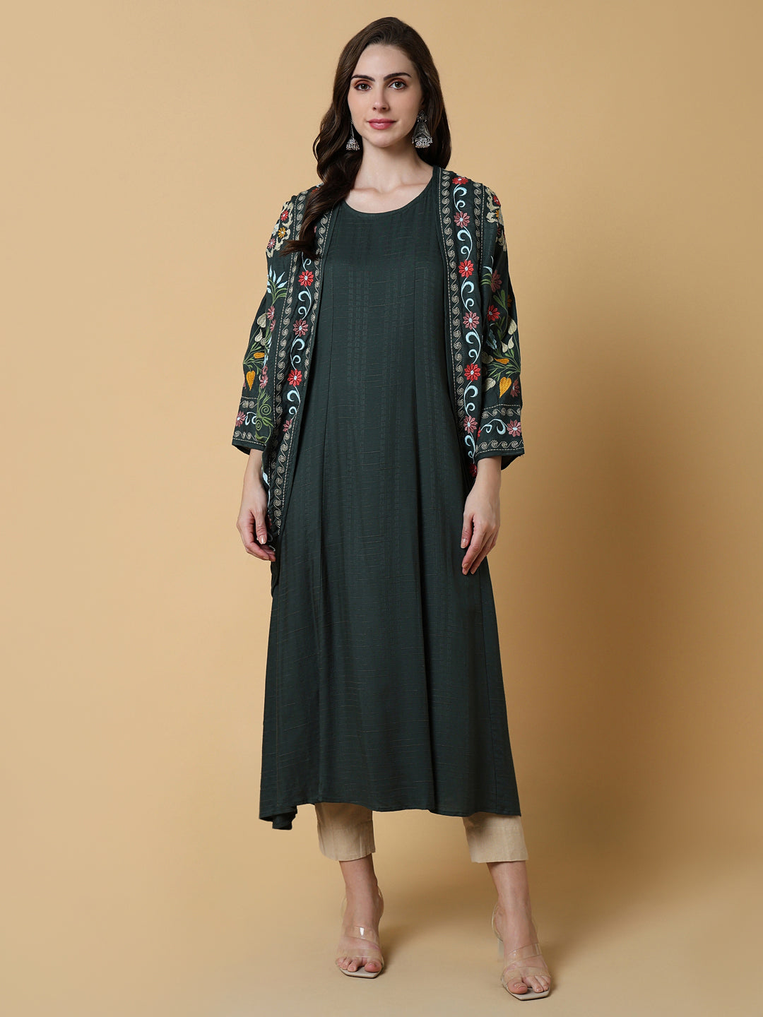 Women Green Floral A-Line Kurta with Shrug