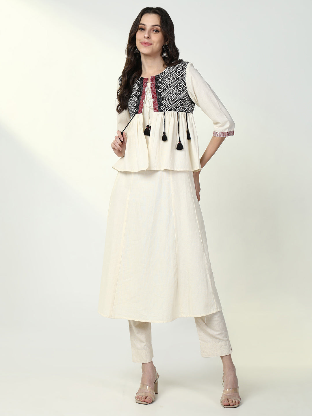 Women Cream Solid A Line Kurta with Coat