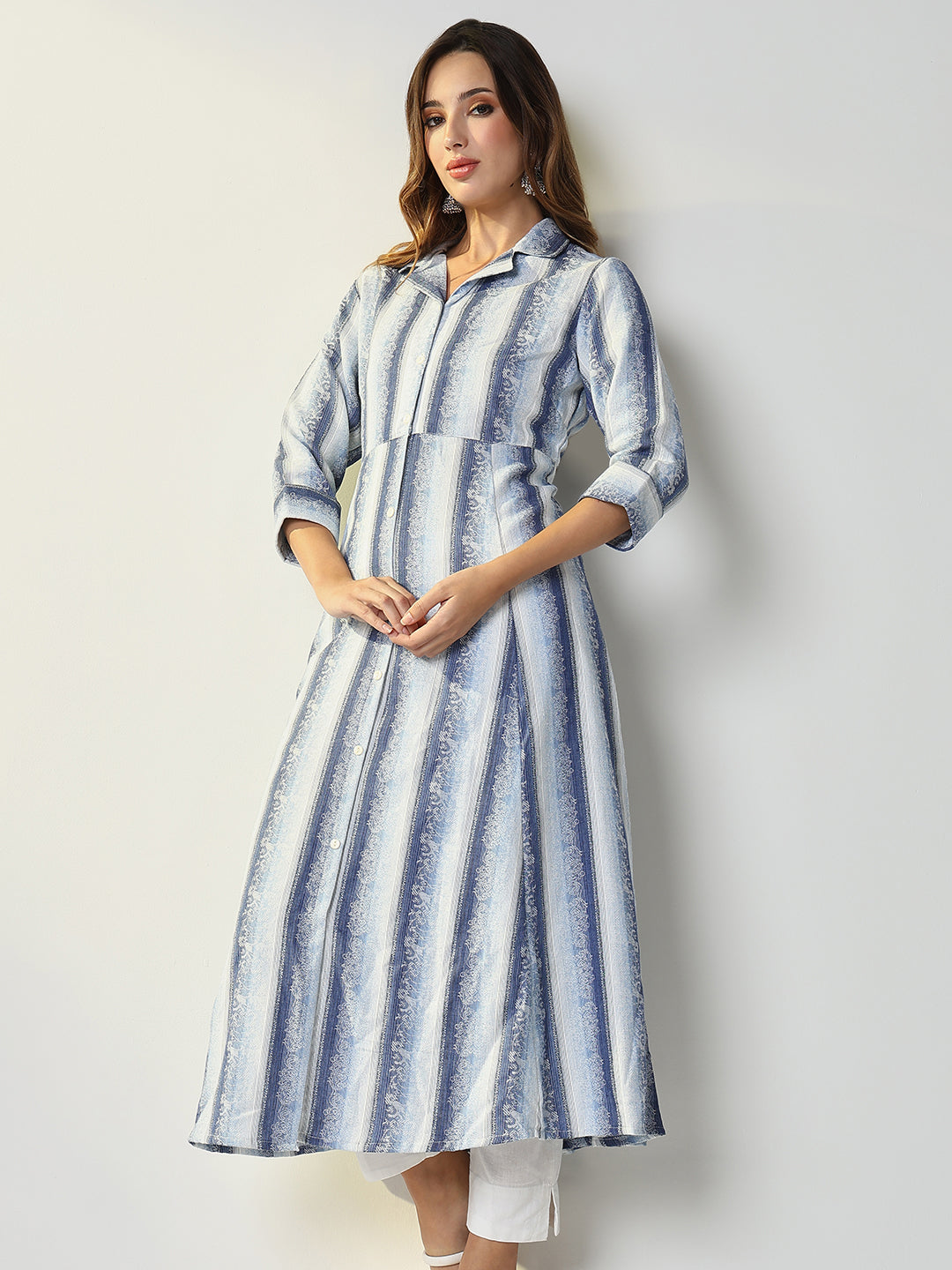 Women Blue Striped Anarkali Kurta