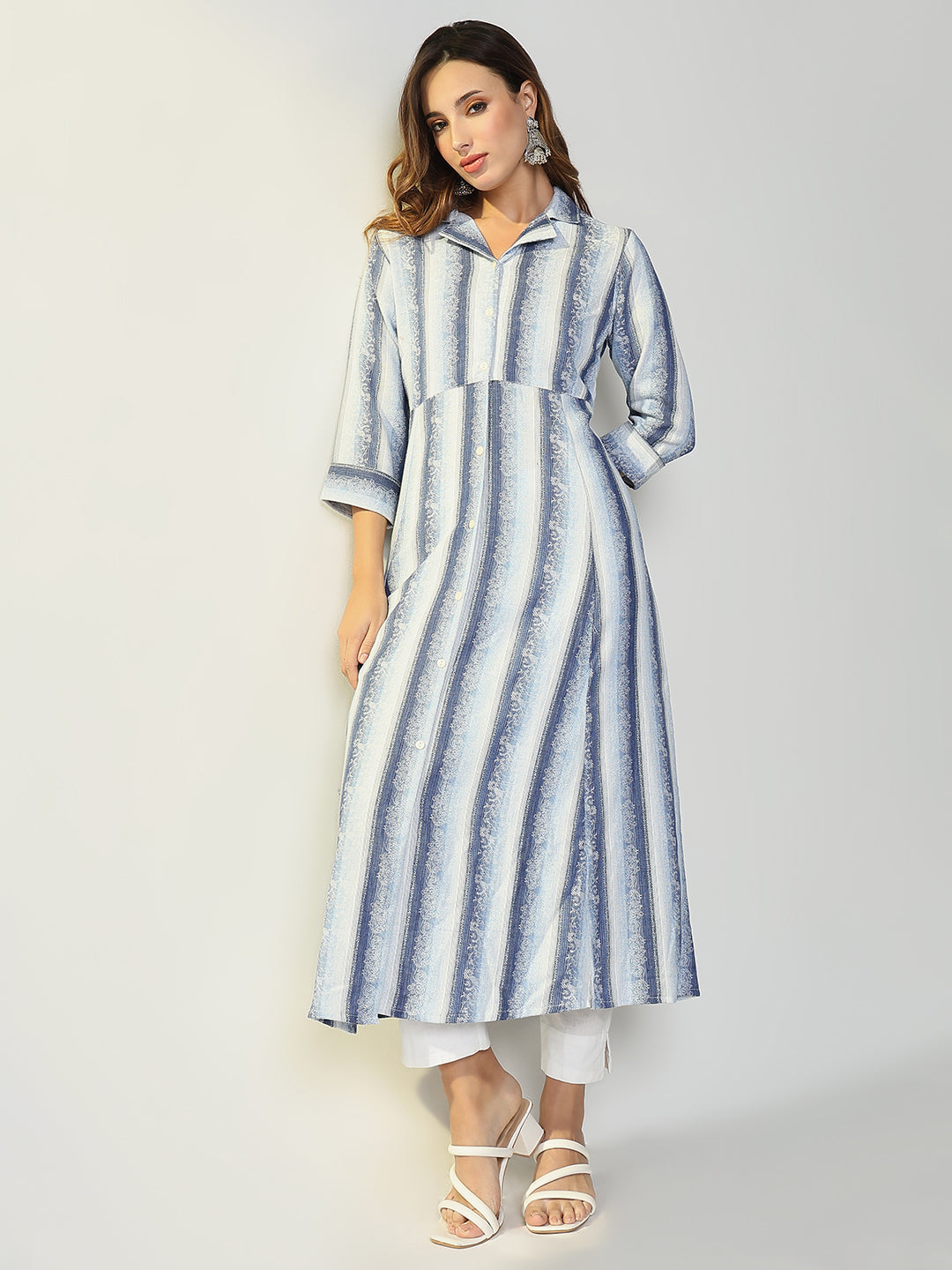 Women Blue Striped Anarkali Kurta