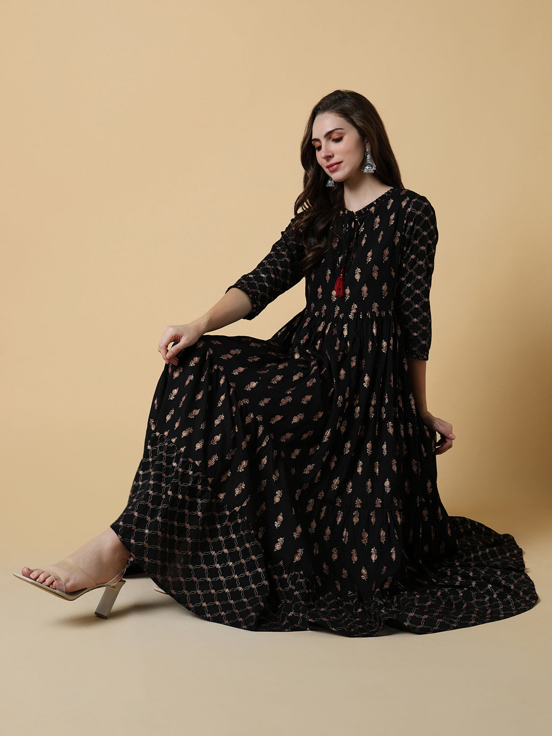 Women Black Graphic A-Line Kurta