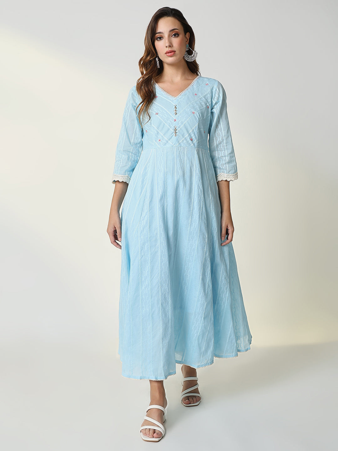 Women Blue Striped Anarkali Kurta