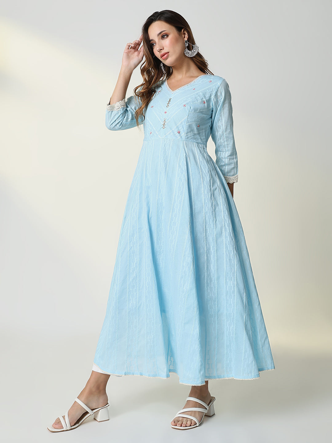 Women Blue Striped Anarkali Kurta