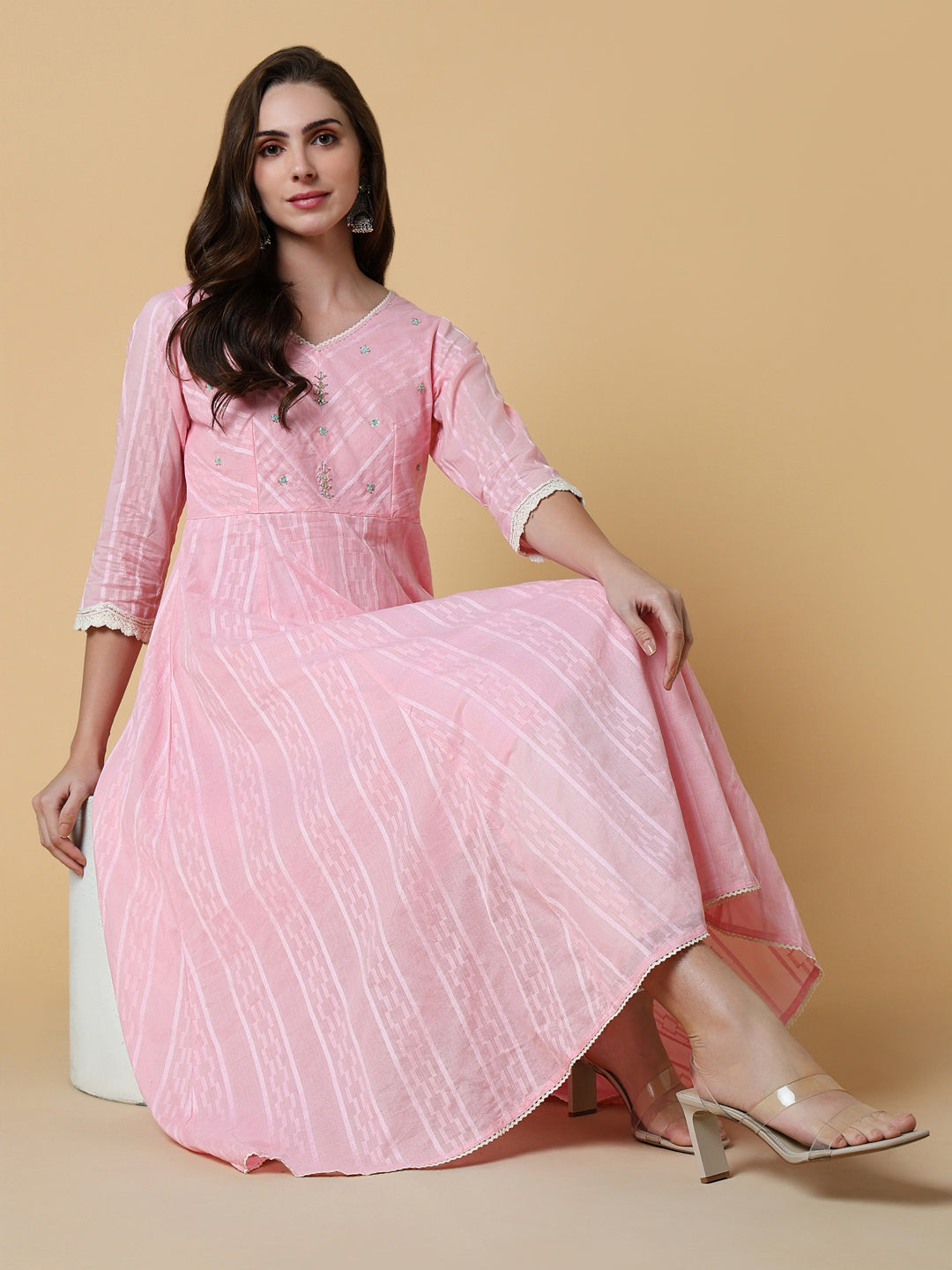 Women Pink Solid A-Line Kurta