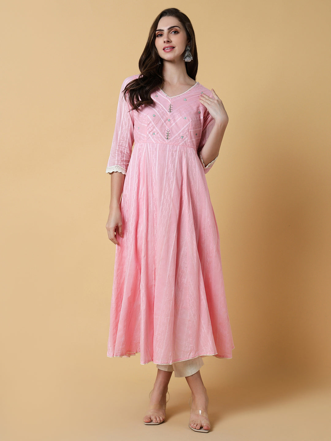 Women Pink Solid A-Line Kurta