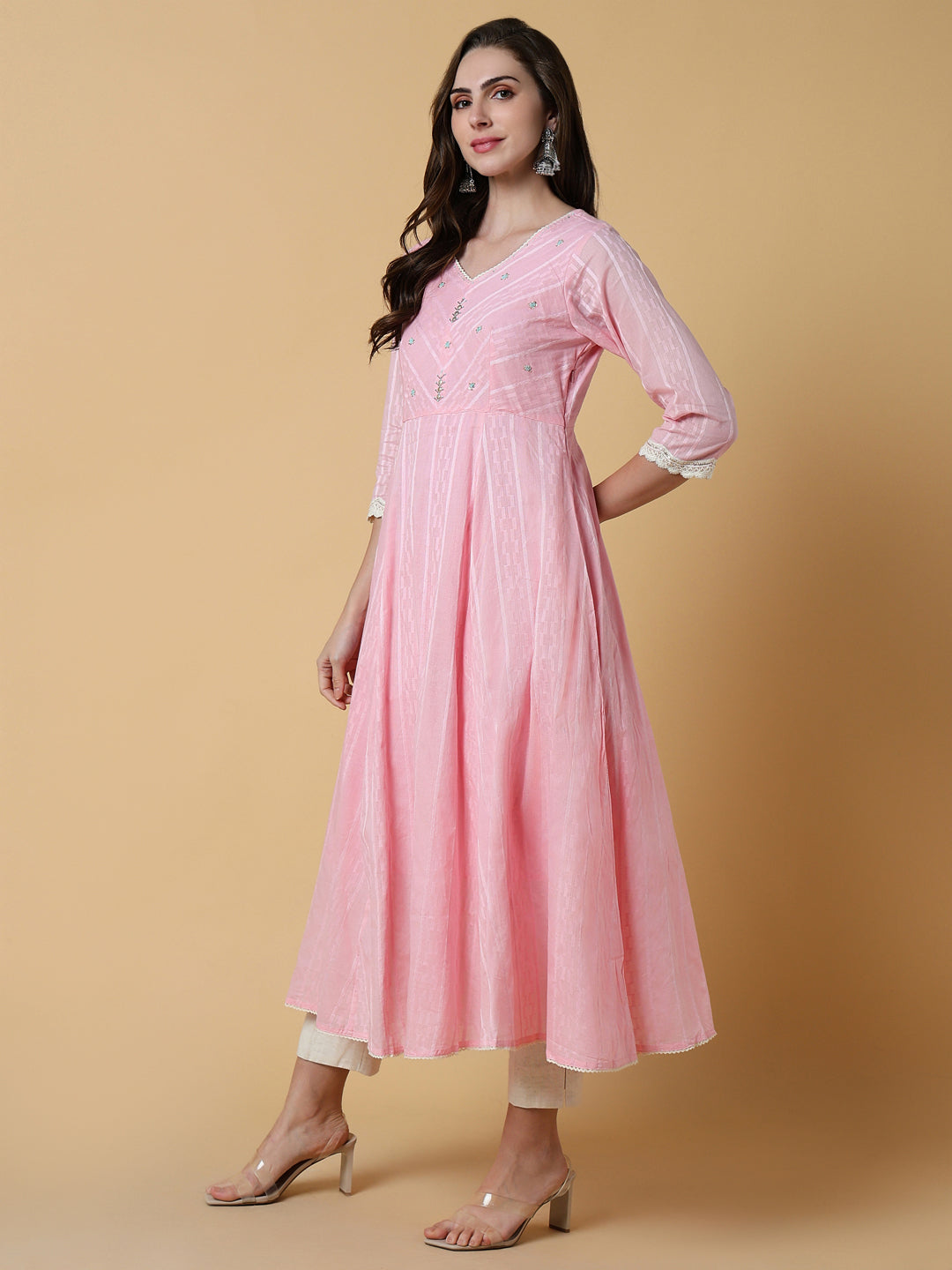 Women Pink Solid A-Line Kurta