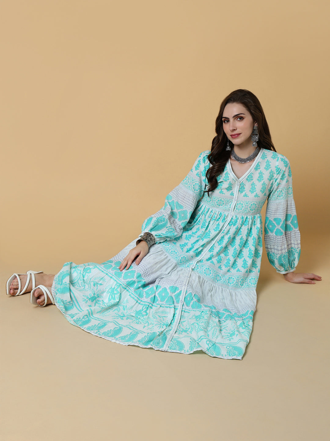 Women Green Floral Anarkali Kurta