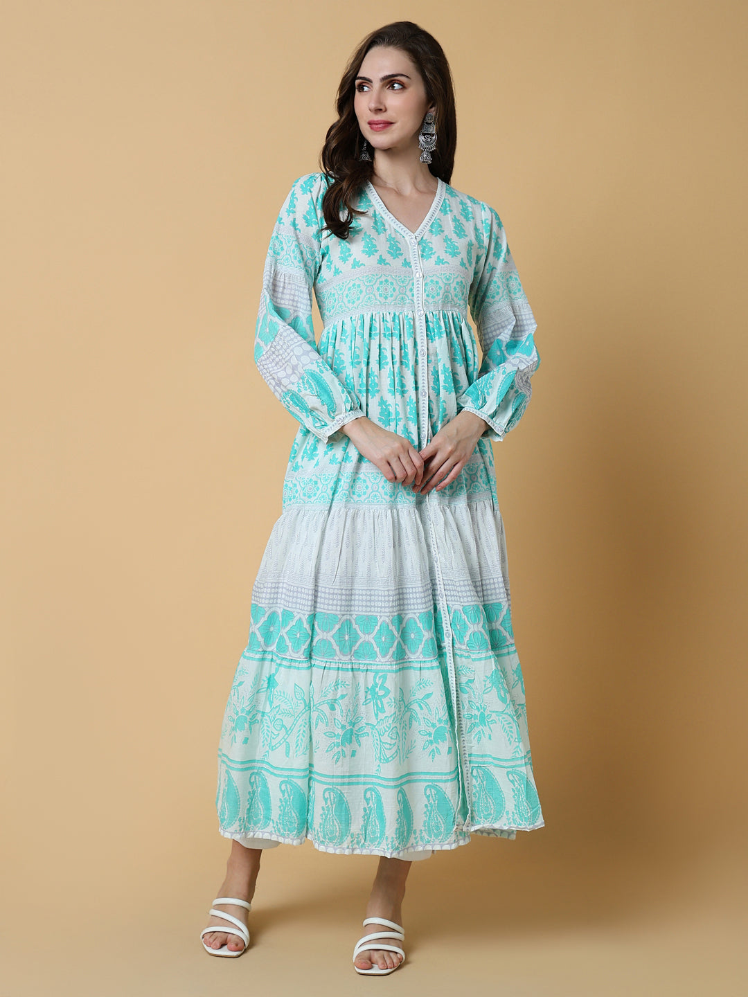 Women Green Floral Anarkali Kurta