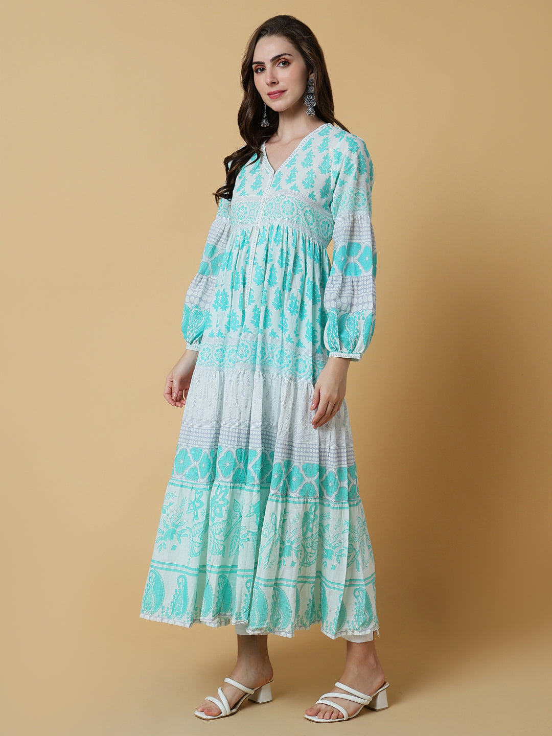 Women Green Floral Anarkali Kurta