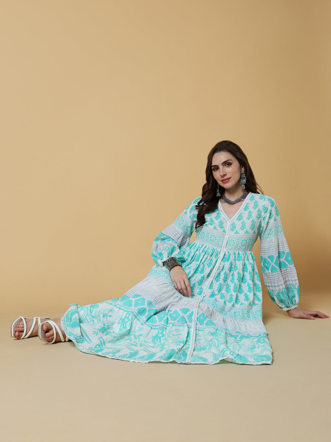 Women Green Floral Anarkali Kurta