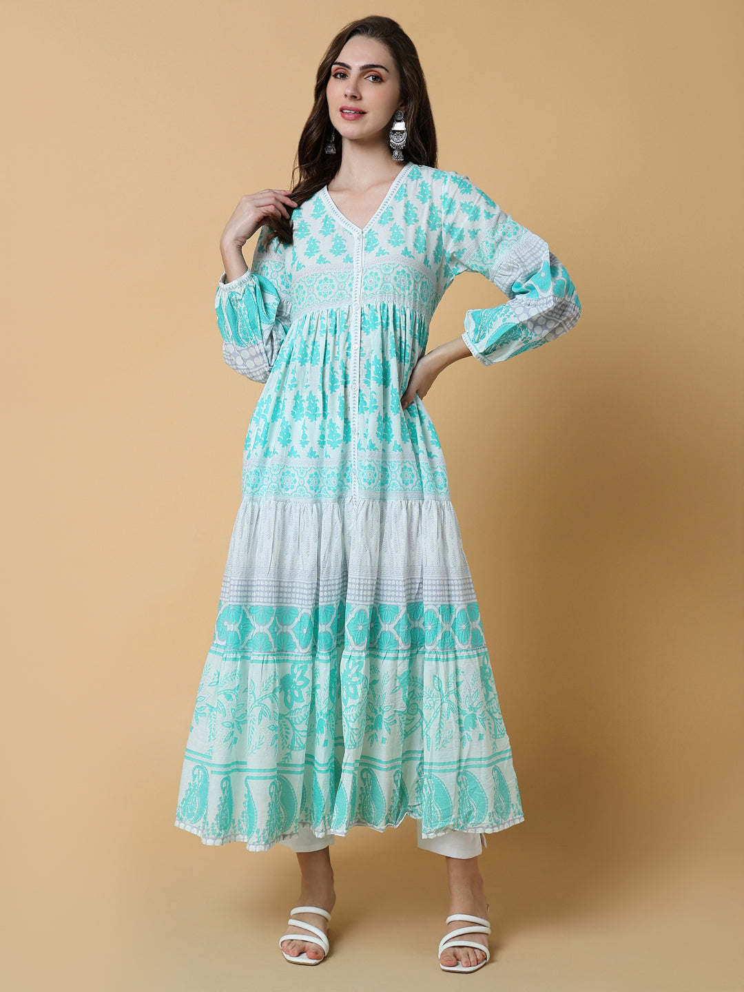 Women Green Floral Anarkali Kurta