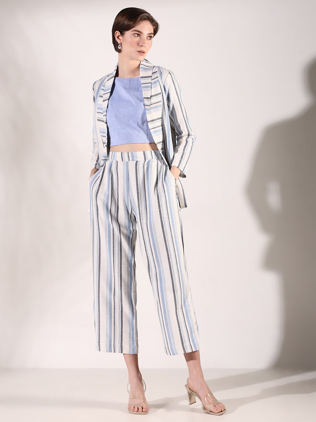 Women Striped Blue Co Ords Set with Blazer