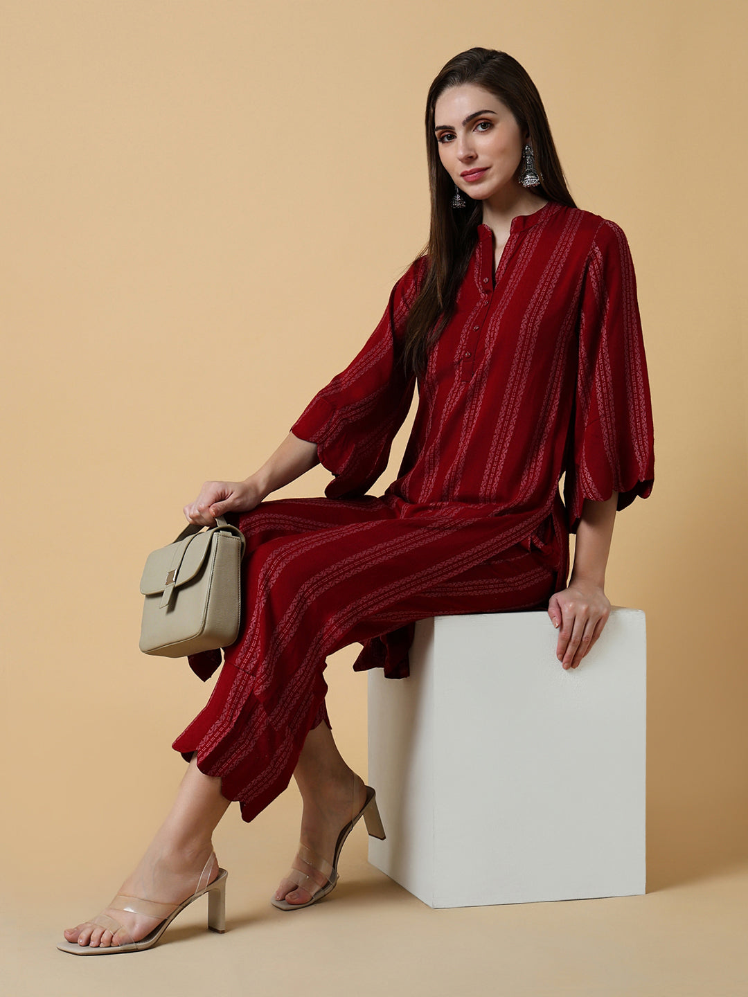 Women Striped Red Straight Kurta Set